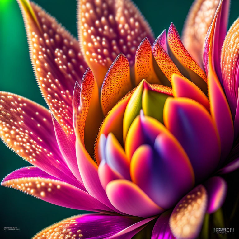 Vibrant multicolored flower with water droplets on petals, gradient from yellow to deep purple