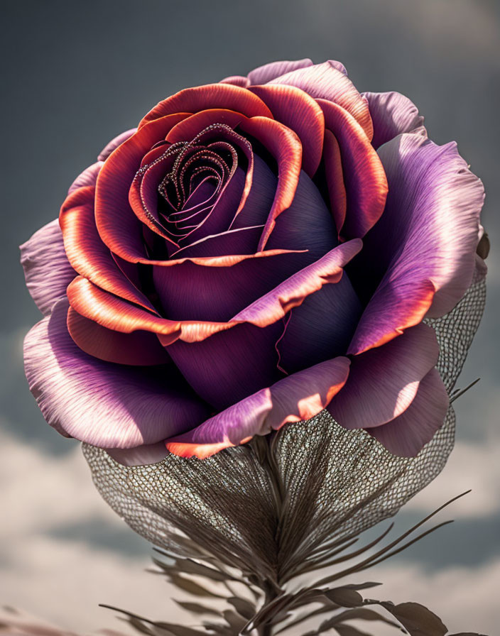 Exquisite purple and orange rose with layered petals on cloudy sky backdrop