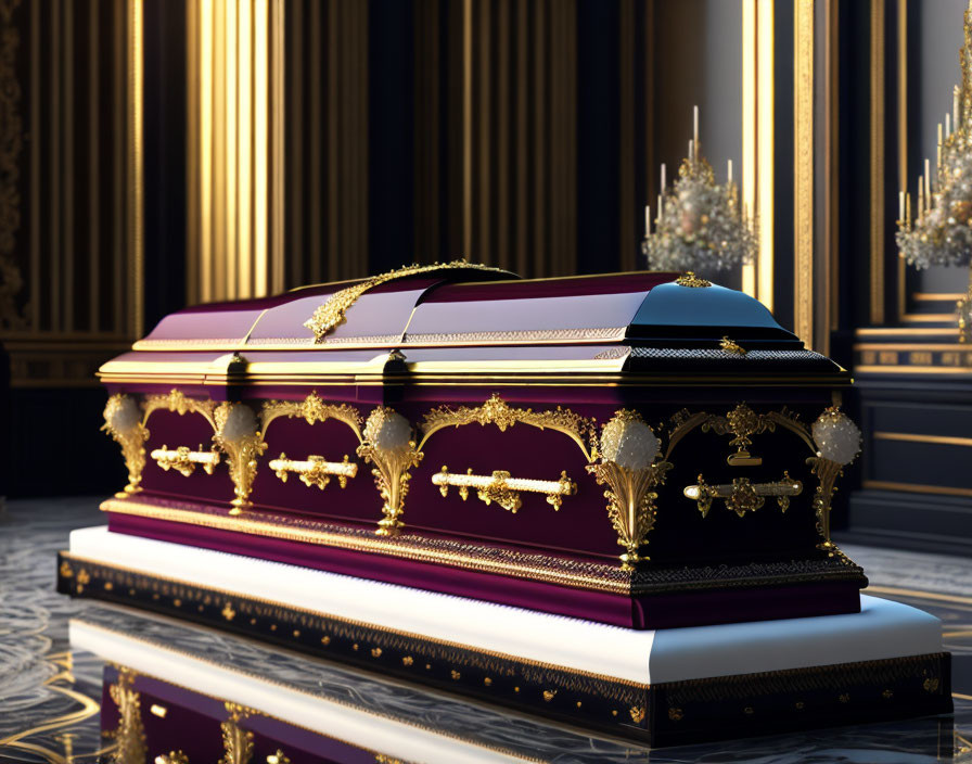 Elaborate purple casket with gold accents and blue dome in ornate room