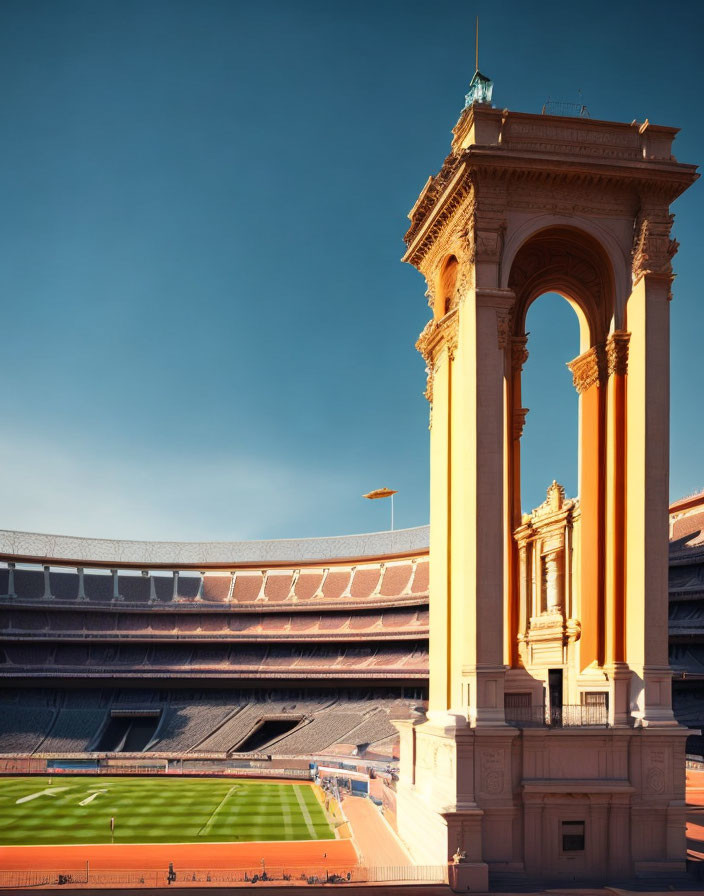 Towering Orange Arch Overlooking Empty Stadium and Blue Skies