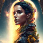 Woman with Floral Crown and Sunflower Scarf in Celestial Setting