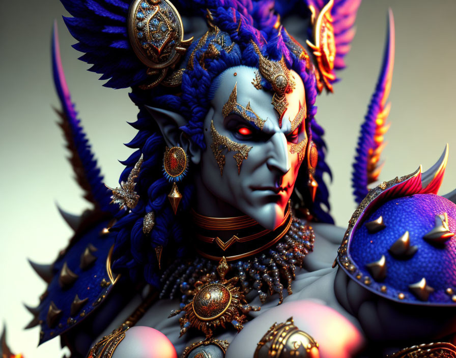 Blue-skinned fantasy character in golden armor with spiked pauldrons & feathered headdress