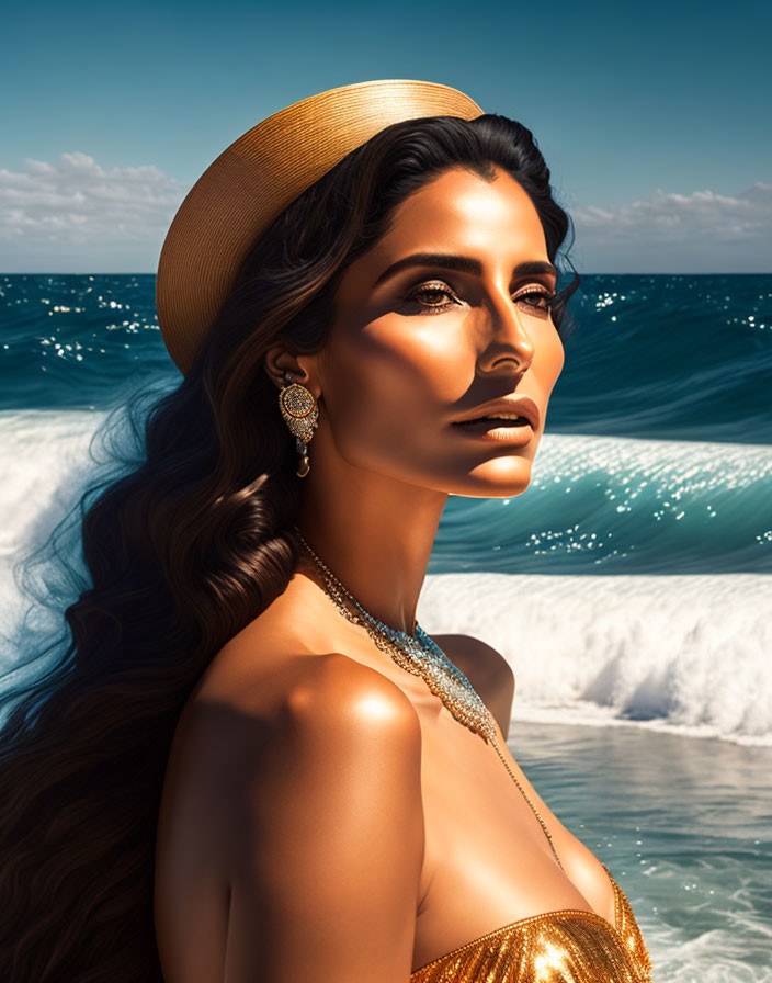 Tanned woman in hat and golden attire by blue ocean waves