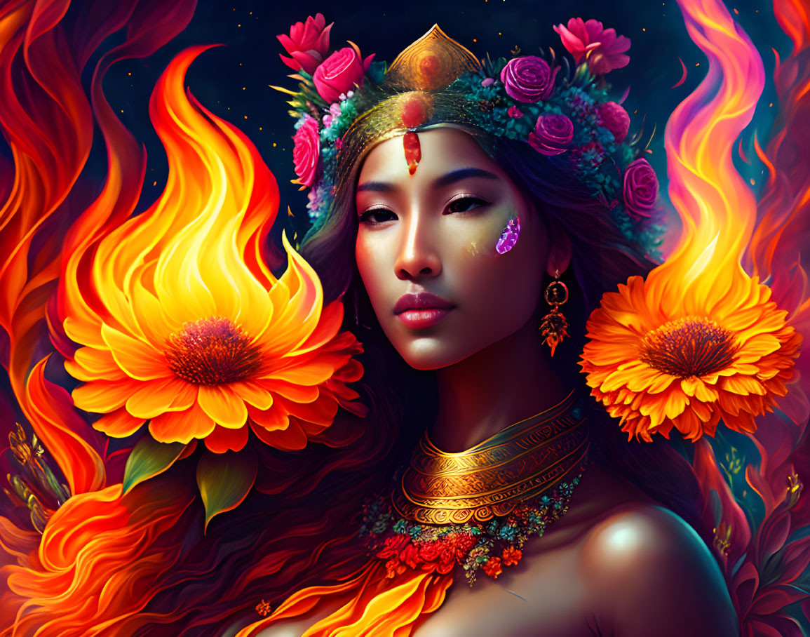 Digital Artwork: Woman with Floral Hair and Golden Jewelry in Fiery Setting