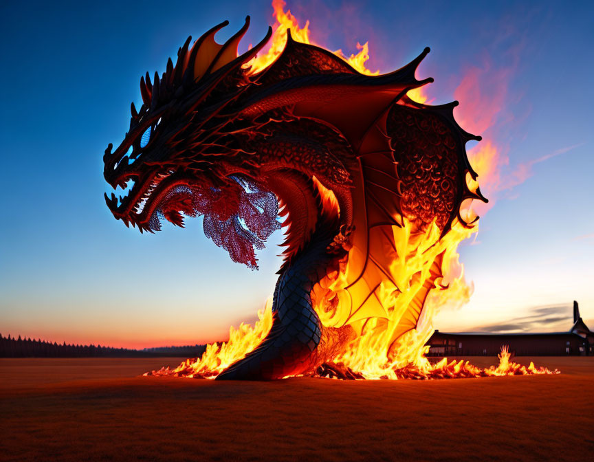 Majestic dragon sculpture ablaze under twilight sky