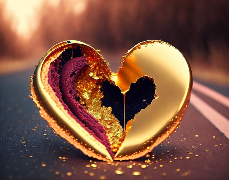 Heart-shaped golden object with purple interior and black heart on bokeh background