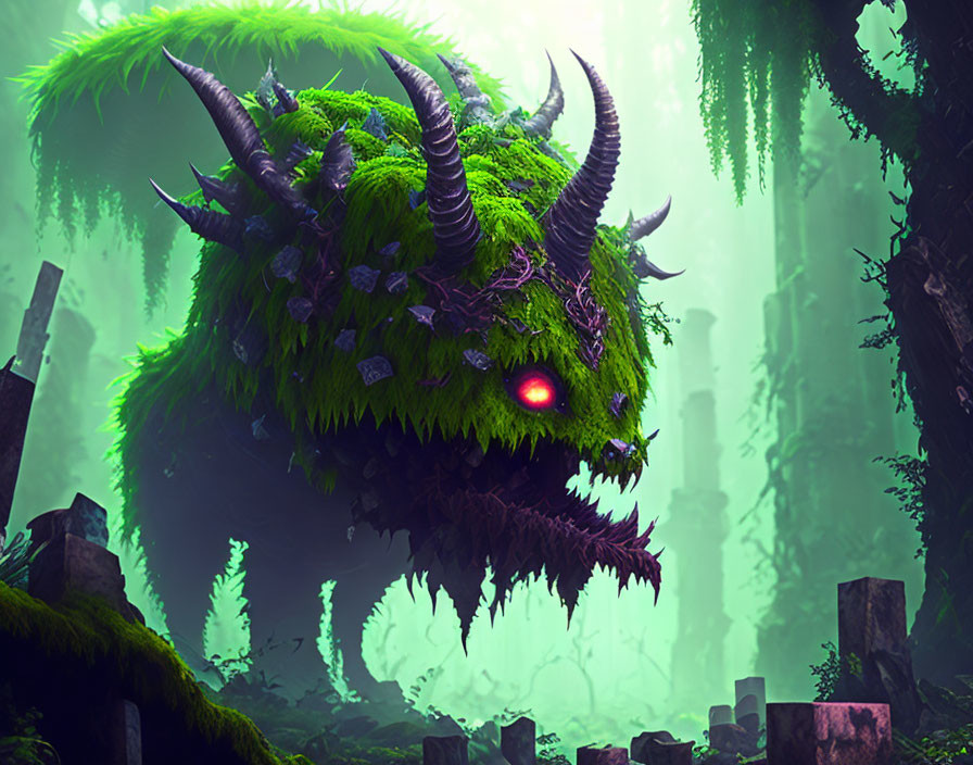 Green-furred creature with horns and red eye in misty forest