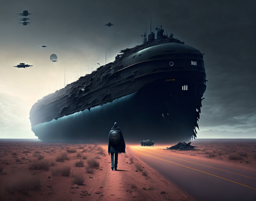 Person on desolate road gazes at colossal futuristic ship in dystopian landscape