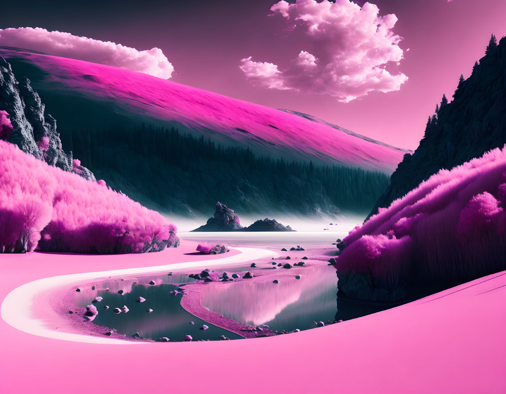 Surreal pink and purple infrared landscape with river and trees