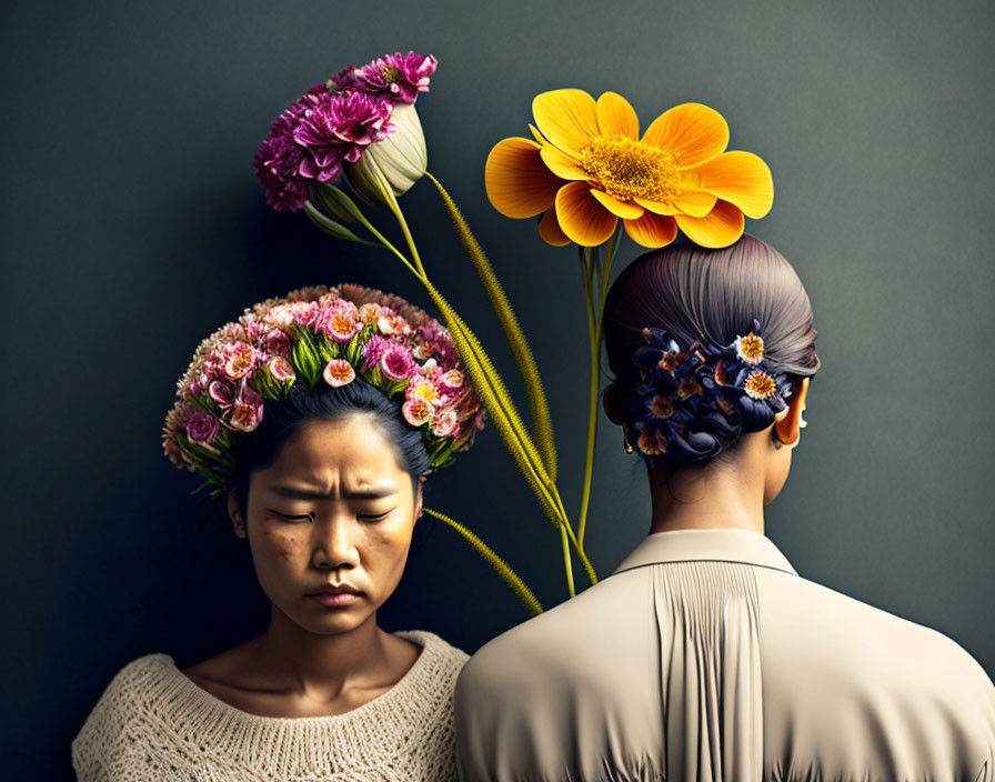 Women with vibrant flower heads, facing opposite ways on dark backdrop