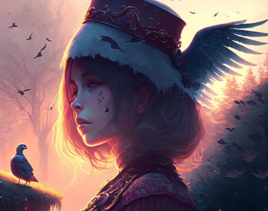 Illustrated girl in winged hat in twilight forest with raven and flying birds