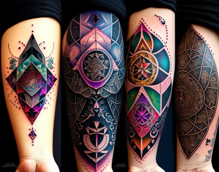 Geometric and Mandala Forearm Tattoo Designs in Black, Purple, and Pink