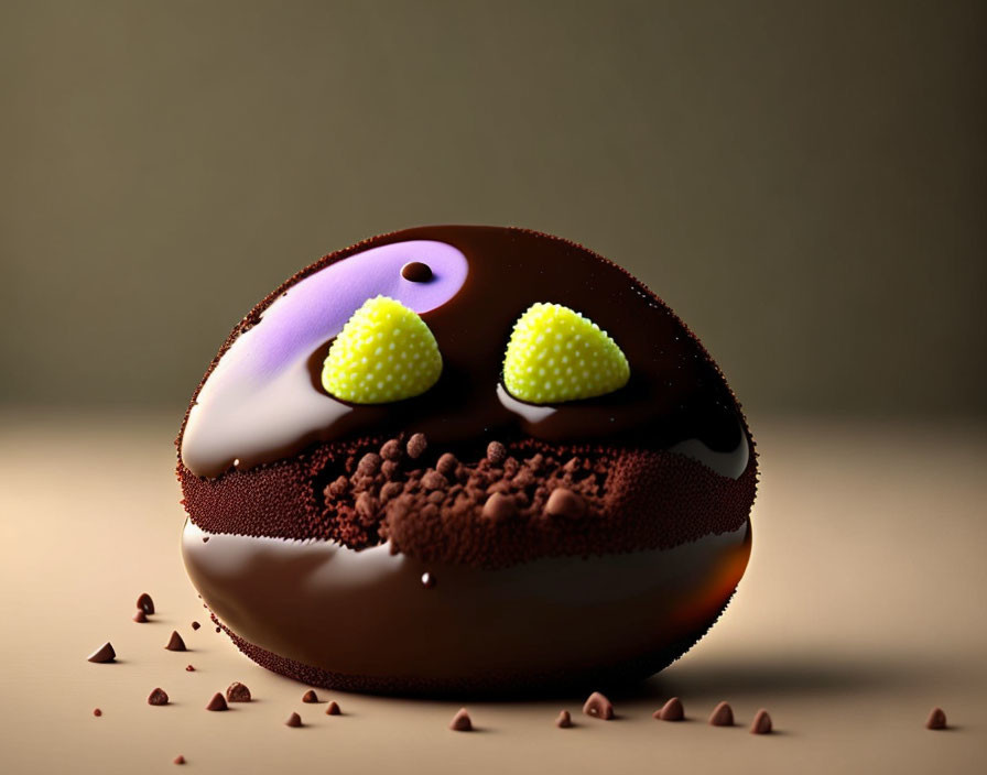 Chocolate dessert with stylized face design and candy eyes, purple accents, cocoa-dusted mouth, and