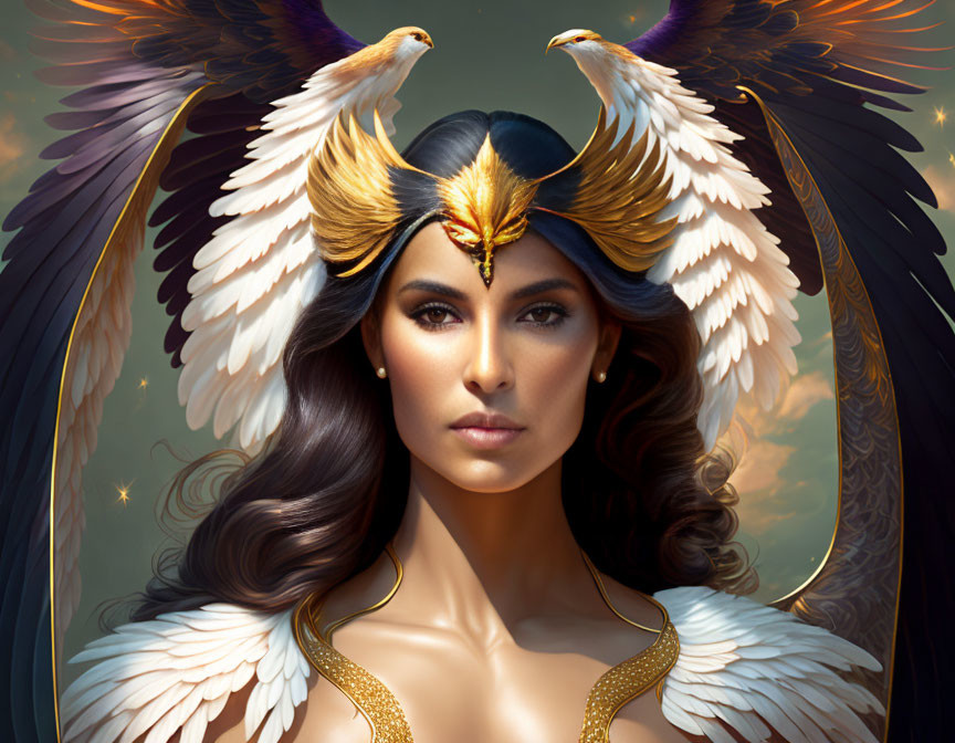 Digital artwork of woman with bird wing crown and eagles in twilight sky