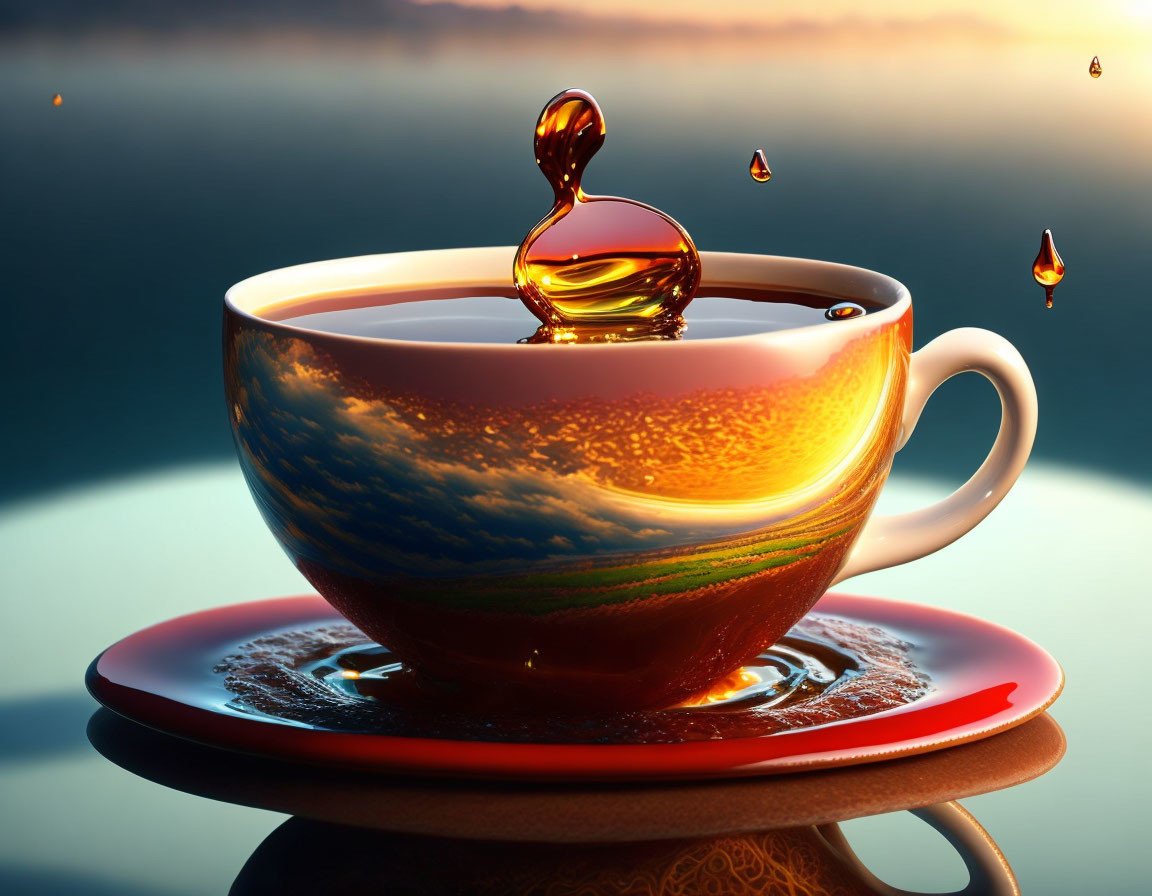 Tea Cup with Heart Shape Splash on Sunset Sky Background