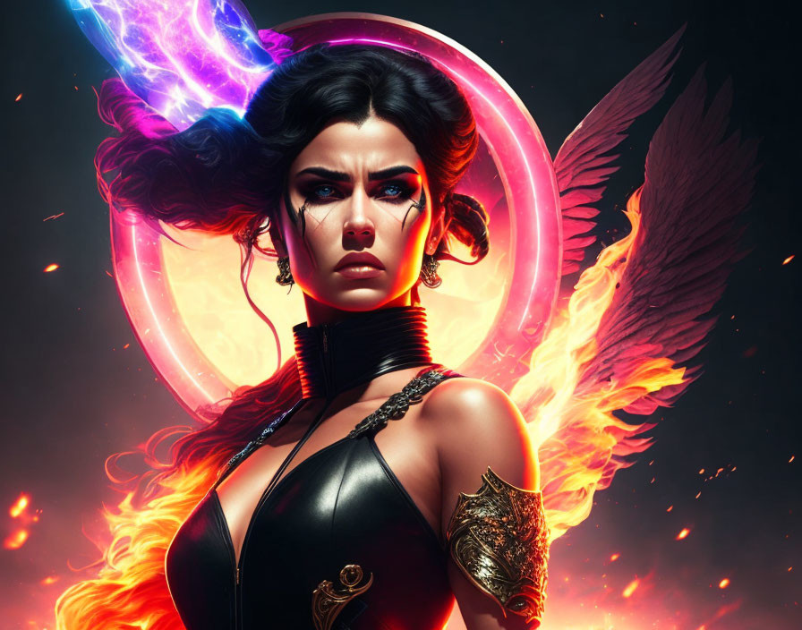 Stylized female warrior with glowing halo and fiery wings against dark backdrop