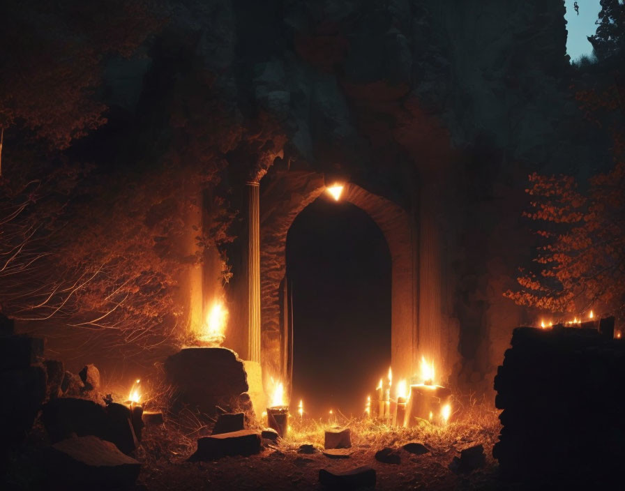 Ancient archway illuminated by candles in dark forest scene