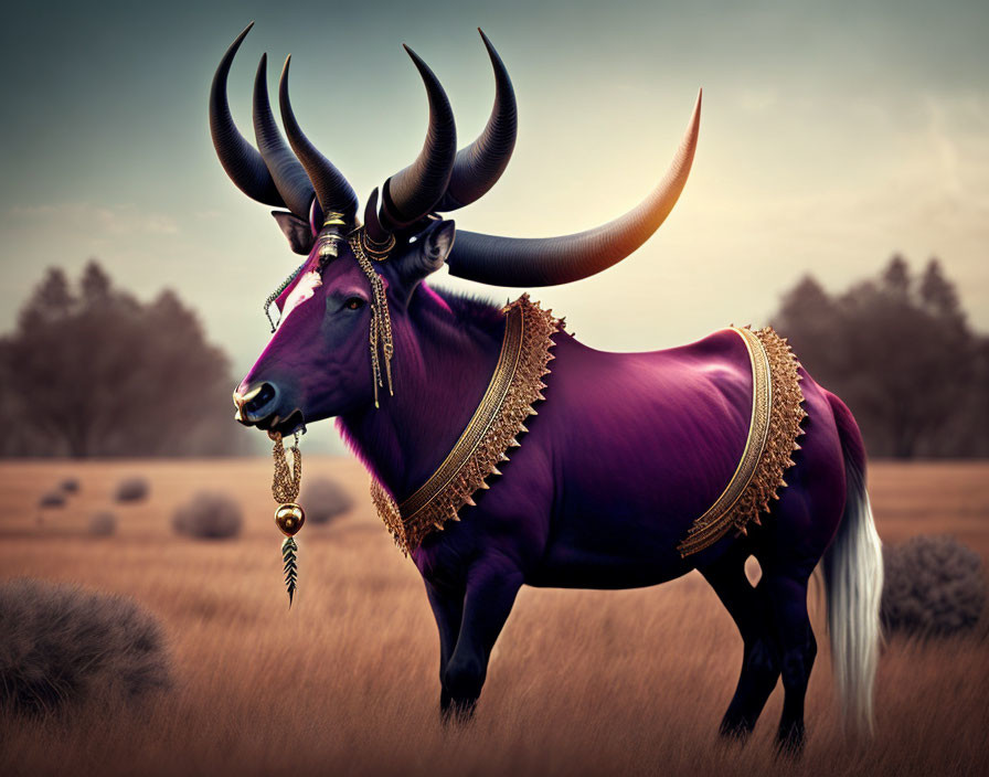 Purple Ox with Golden Decorations on Savanna Background