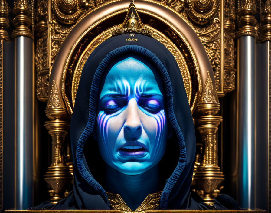 Blue face paint, black robe, golden headpiece on somber figure in ornate setting