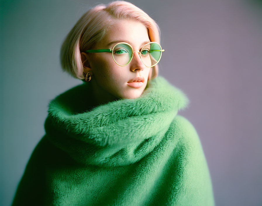 Pink-haired woman in green circular glasses and turtleneck, gazing sideways.