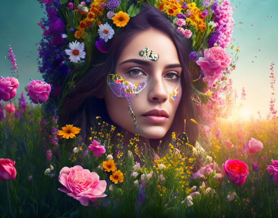 Woman with floral wreath and butterfly in vibrant flower field under surreal sky