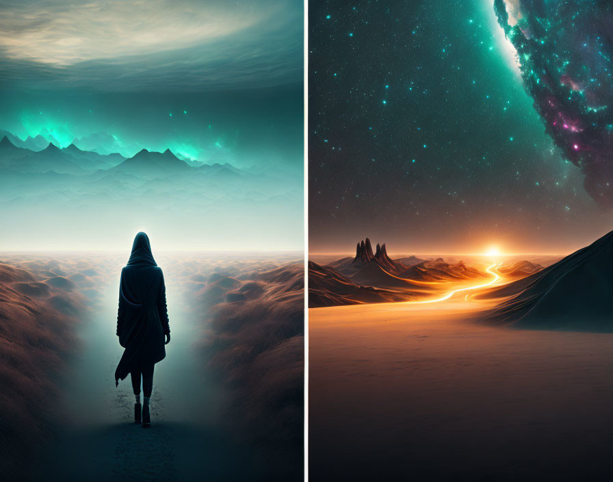 Split image: Person in aurora-lit mountains & starry sky by sand dunes at sunset