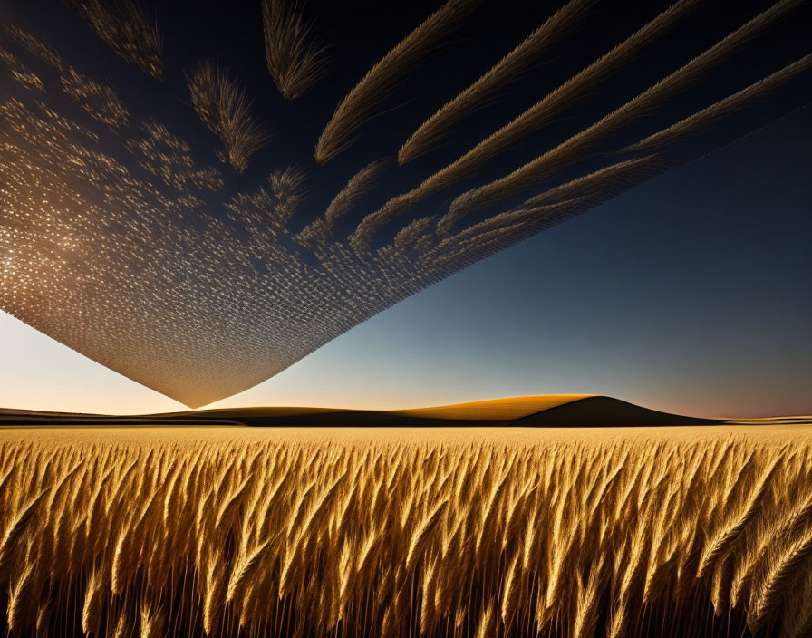 Surreal landscape with golden wheat field, inverted sky, sand dune, horizon