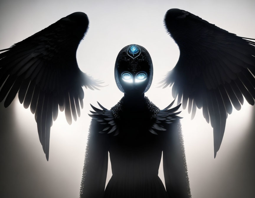 Futuristic robot with illuminated eyes and mask-like face, wings on backlit background