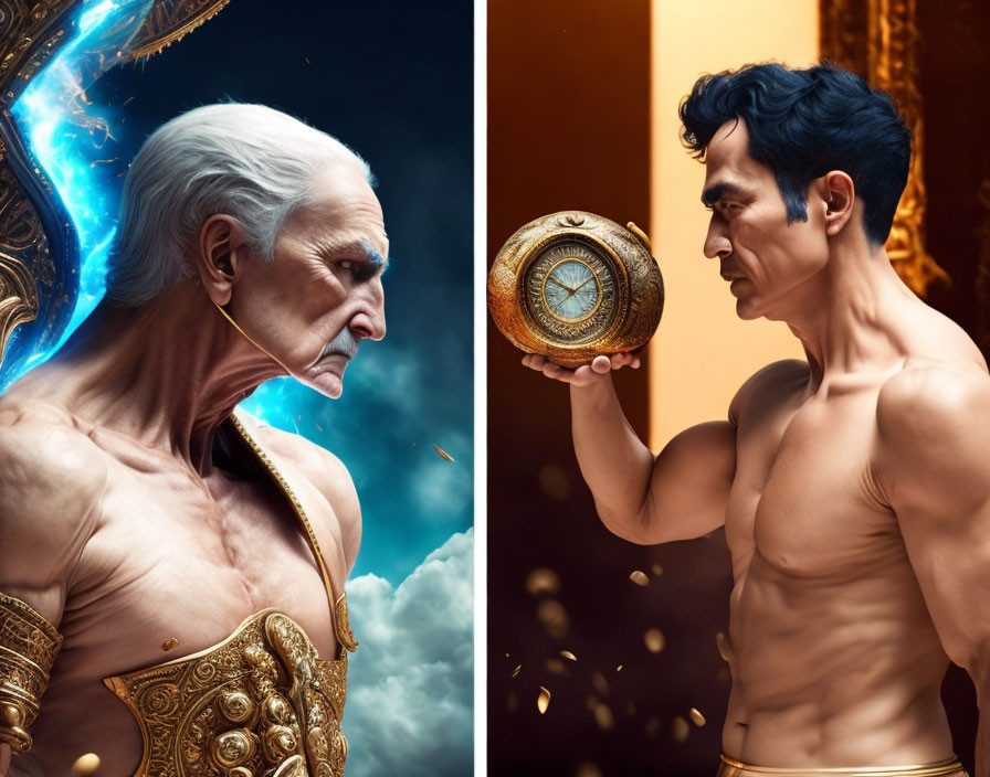 Split image of elderly and young muscular male figures with fantasy themes.