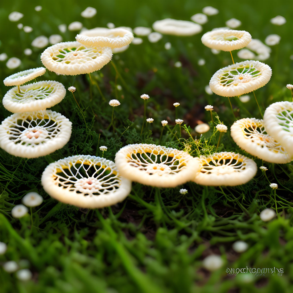 Delicate white mushrooms with patterned undersides on vibrant green field.