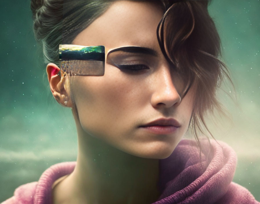 Woman with futuristic eyewear, soft makeup, and swept hair against dreamy backdrop