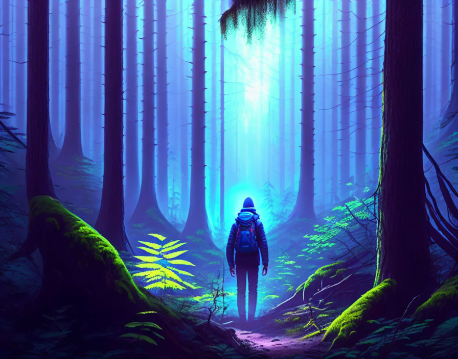 Hiker in mystical forest with towering trees