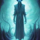 Mysterious figure in teal cloak with plague doctor mask in swamp with blue flowers