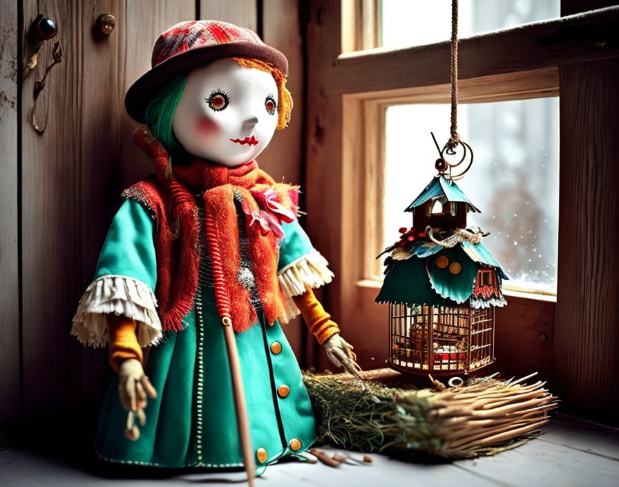 Whimsical rag doll in teal coat and plaid hat by snowy window