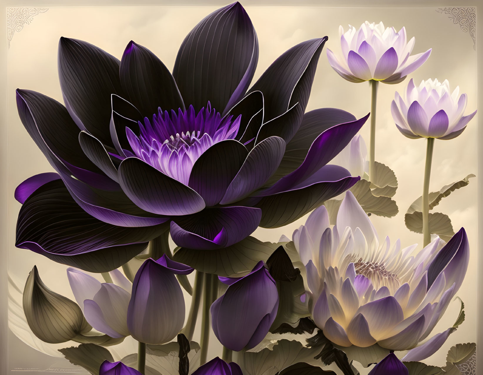 Detailed Dark Purple Lotus Flowers on Creamy Background