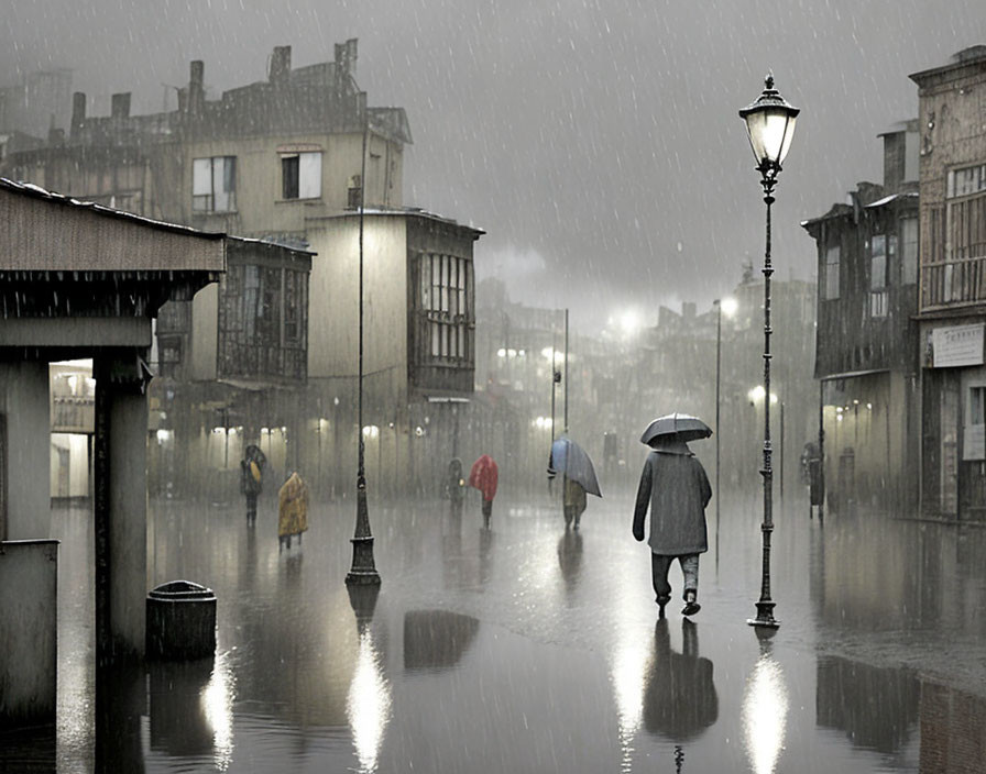 Cityscape on a Rainy Day with Umbrella-Carrying People and Old Buildings