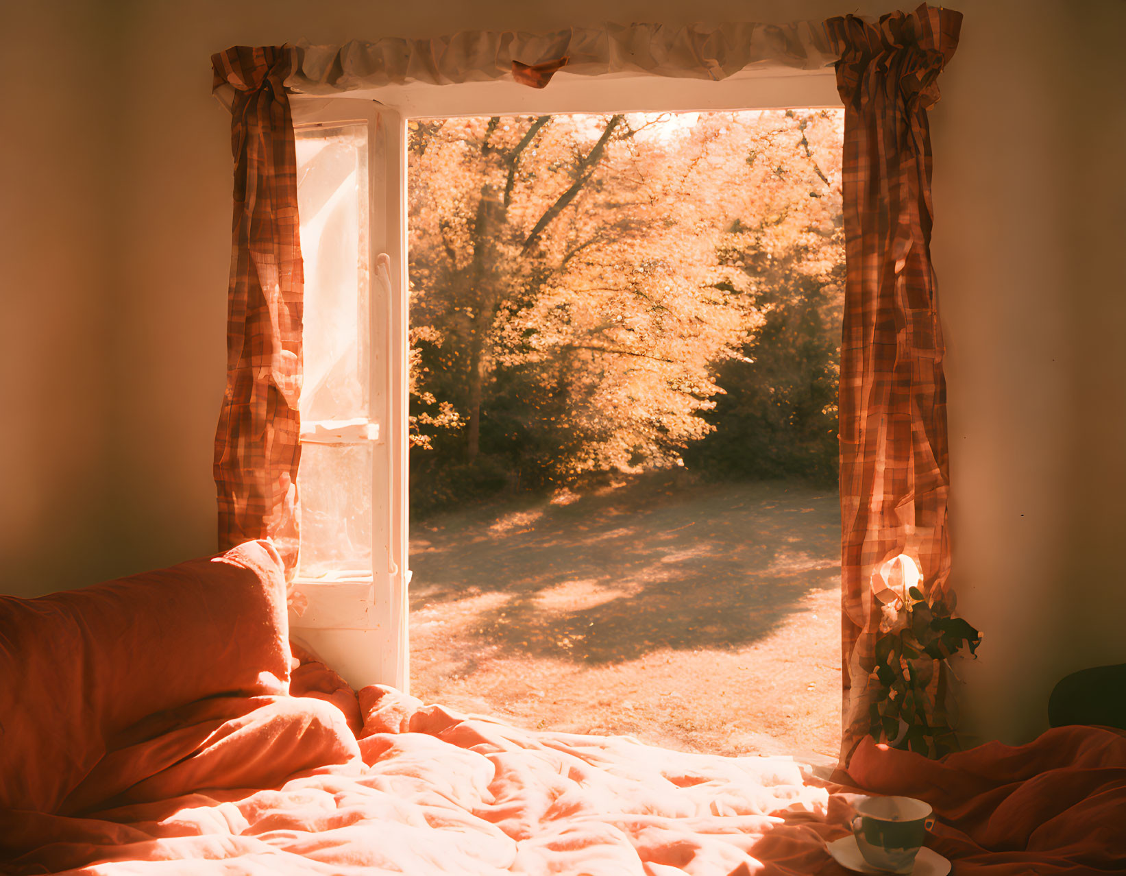 Autumn-themed bedroom with open window and red decor