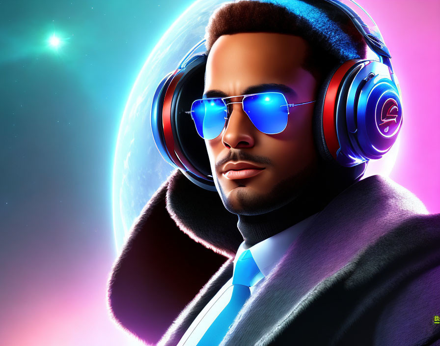 Stylish man with Earth reflection in sunglasses on neon background