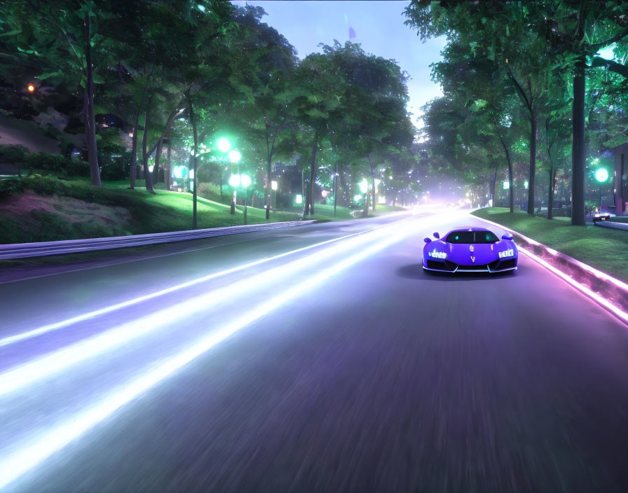 Blue sports car speeding down tree-lined road at night under violet and green street lamps