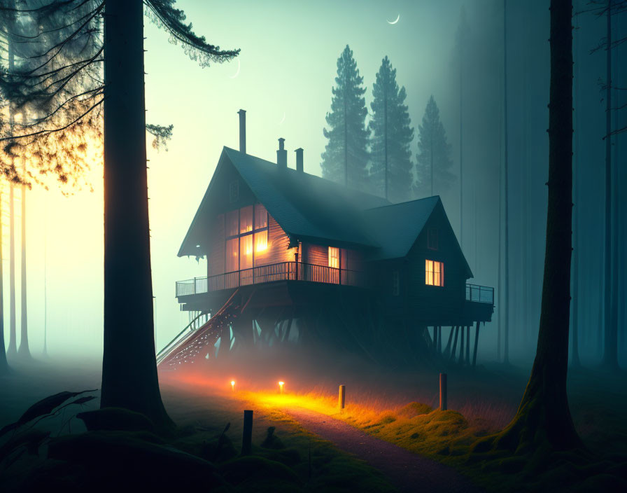 House on Stilts Surrounded by Forest Trees in Twilight Setting