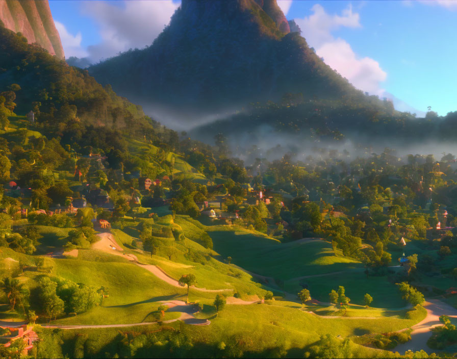 Scenic animated landscape of lush valley with houses and misty mountains