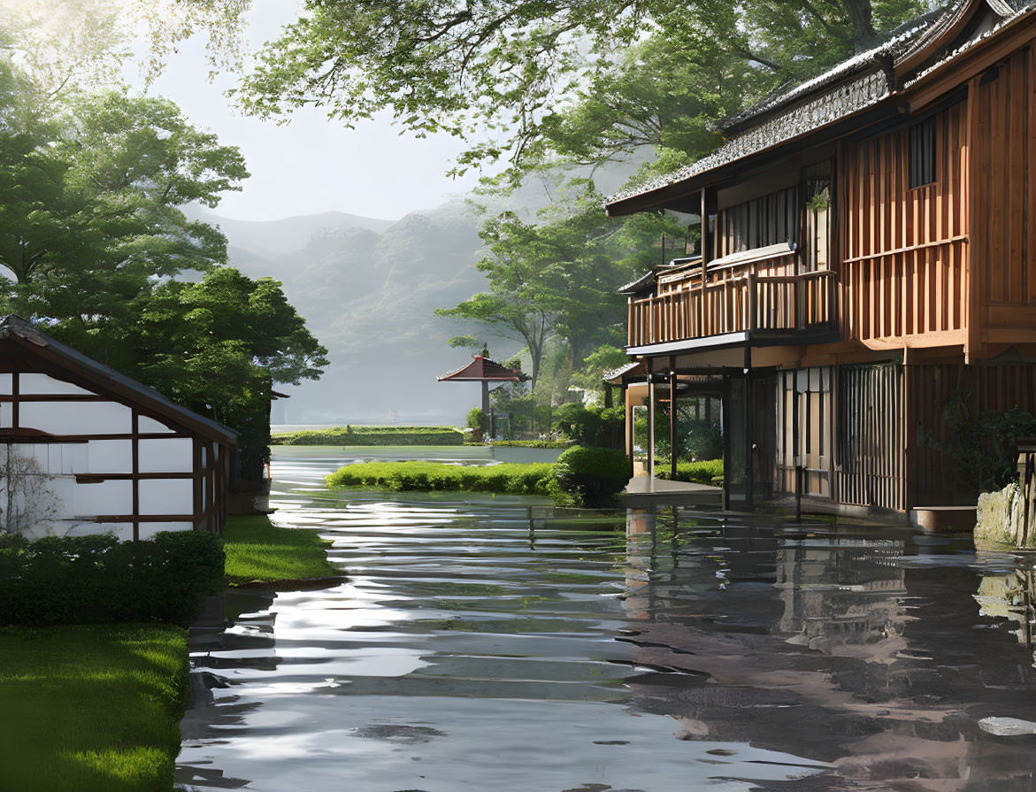 Tranquil flooded landscape with wooden houses and misty mountains