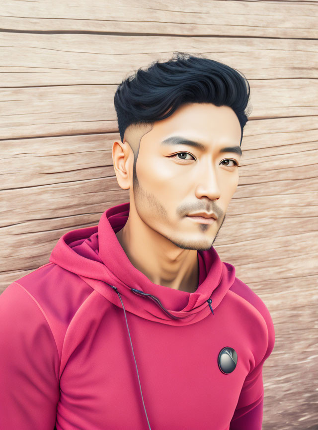 Man in Red Hoodie with Stylish Hair on Wooden Background