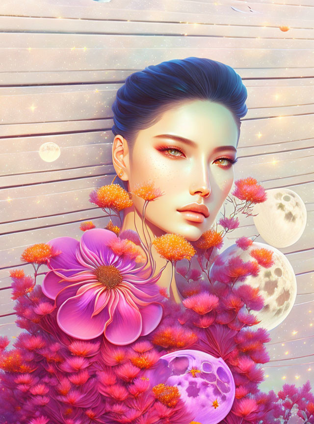 Vibrant illustration: Woman with blue hair, pink and orange flowers, celestial bodies, wooden plank