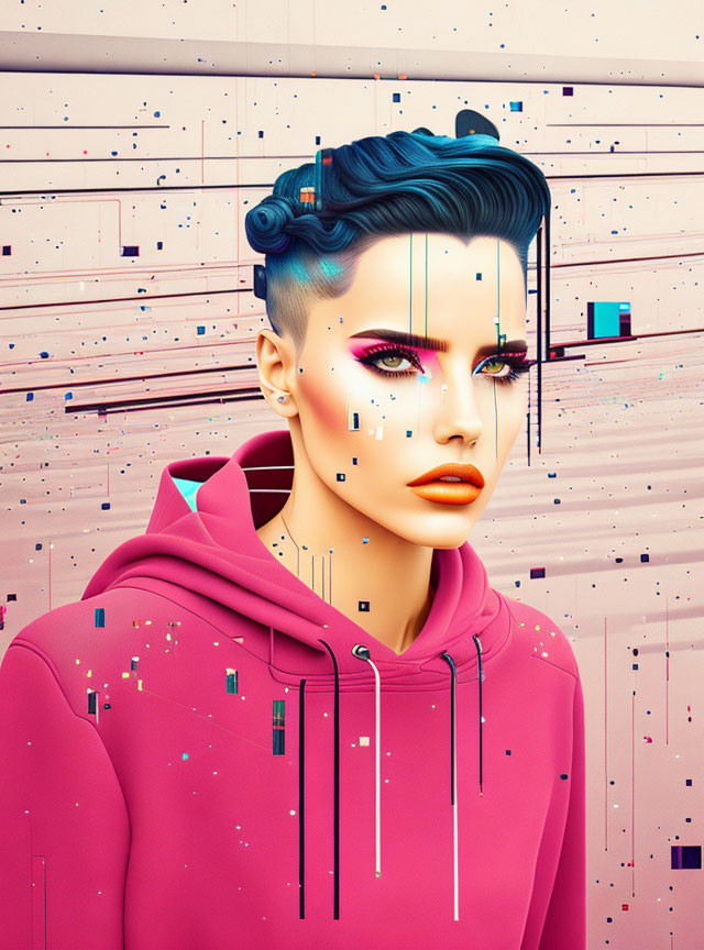 Colorful digital art portrait with modern hairstyle and makeup on abstract background