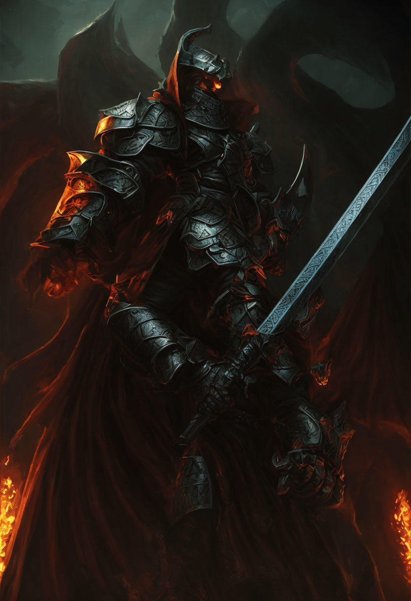 Fantasy warrior in black armor with long sword surrounded by fire and darkness