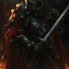 Fantasy warrior in black armor with long sword surrounded by fire and darkness