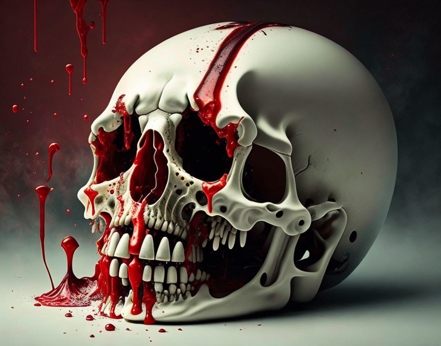 Surreal artwork: Large skull with embedded smaller skulls, red liquid accents