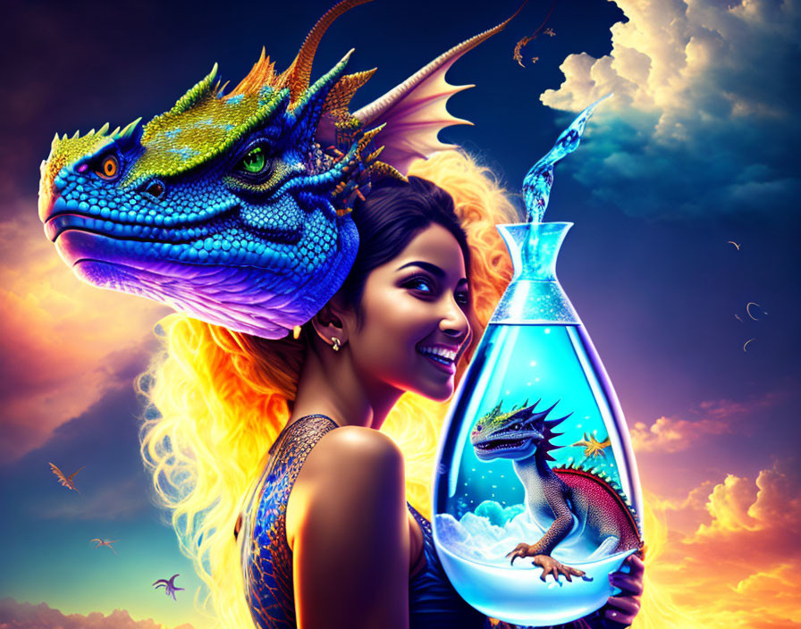 Smiling woman with fiery hair beside vibrant blue dragon and miniature dragon in glass vial