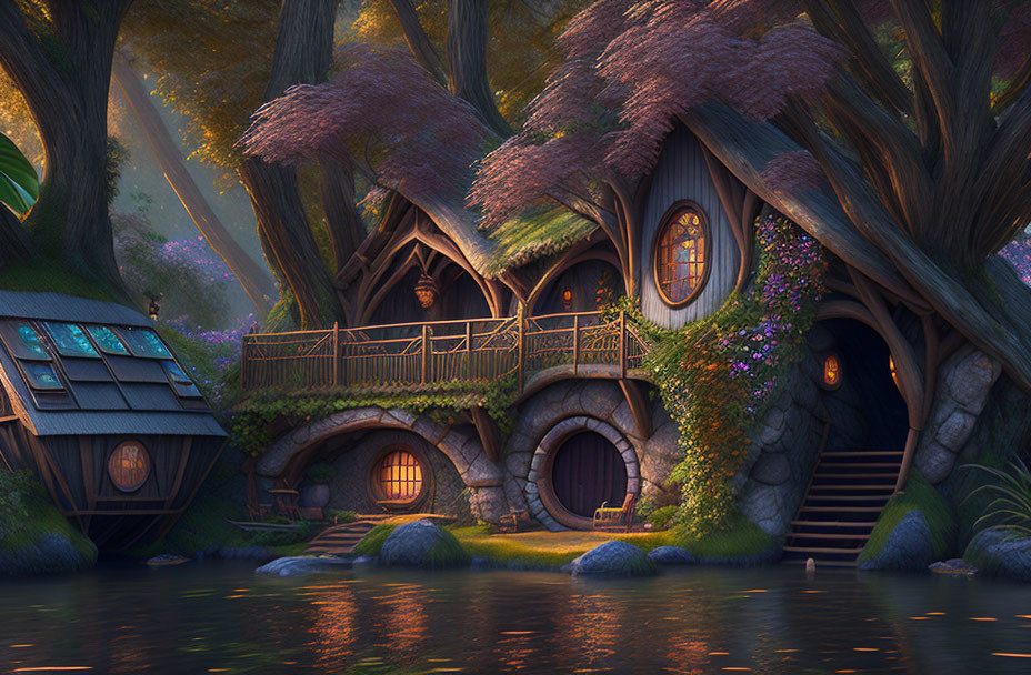 Enchanting forest scene with fairy-tale houses and serene river